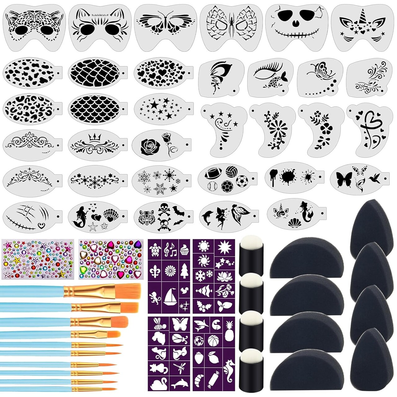 34+28Pcs Face Paint Stencils Kit,34 Pcs Plastic Facial Painting Stencils Reusable